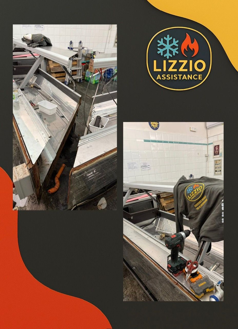 Collage di un furgone di assistenza Lizzio e di un tecnico al lavoro su un'attrezzatura in officina.