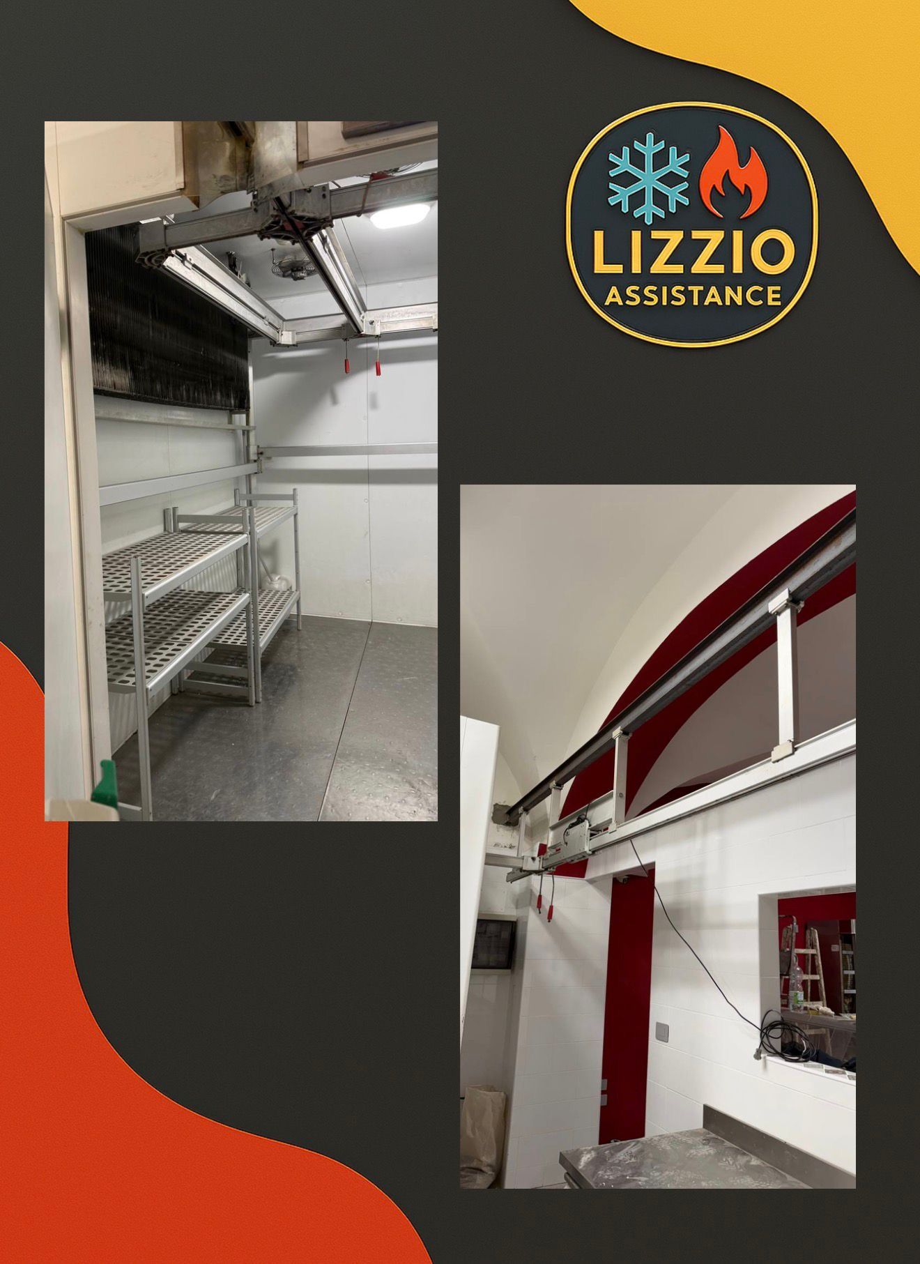 Logo di Lizzio Assistance con due foto: una di una cucina industriale pulita e un corridoio bianco e rosso.