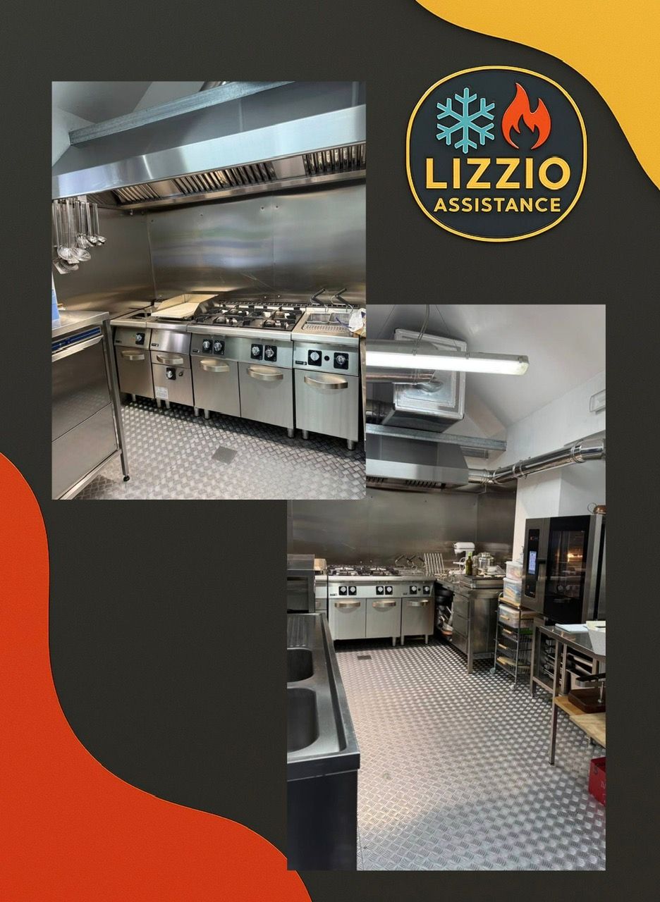 Cucina professionale con elettrodomestici in acciaio inox e pavimento decorato, oltre al logo di Lizzie Assistance e dettagli arancioni.