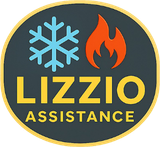 Logo di Lizzio Assistance con un fiocco di neve blu e una fiamma arancione su sfondo scuro.