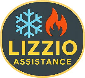 Logo di Lizzio Assistance con un fiocco di neve blu e una fiamma arancione su sfondo scuro.