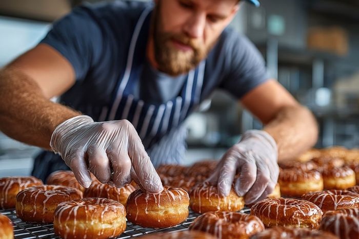 A baker wearing a striped apron and gloves finishes decorating fresh, glazed donuts on a wire rack in a kitchen.