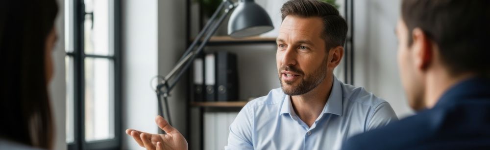 Three people sit in an office, one person gestures while speaking to two others, suggesting a professional discussion.