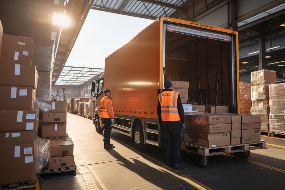 Two workers in high-visibility vests load boxes from a pallet into an orange truck at a warehouse loading dock.