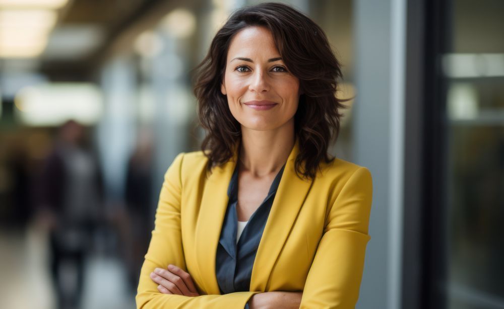 A professional smiling with arms crossed, wearing a yellow blazer, standing in an office hallway.