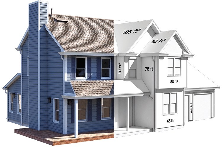 Split-view house illustration showing exterior and interior dimensions with measurements labeled.