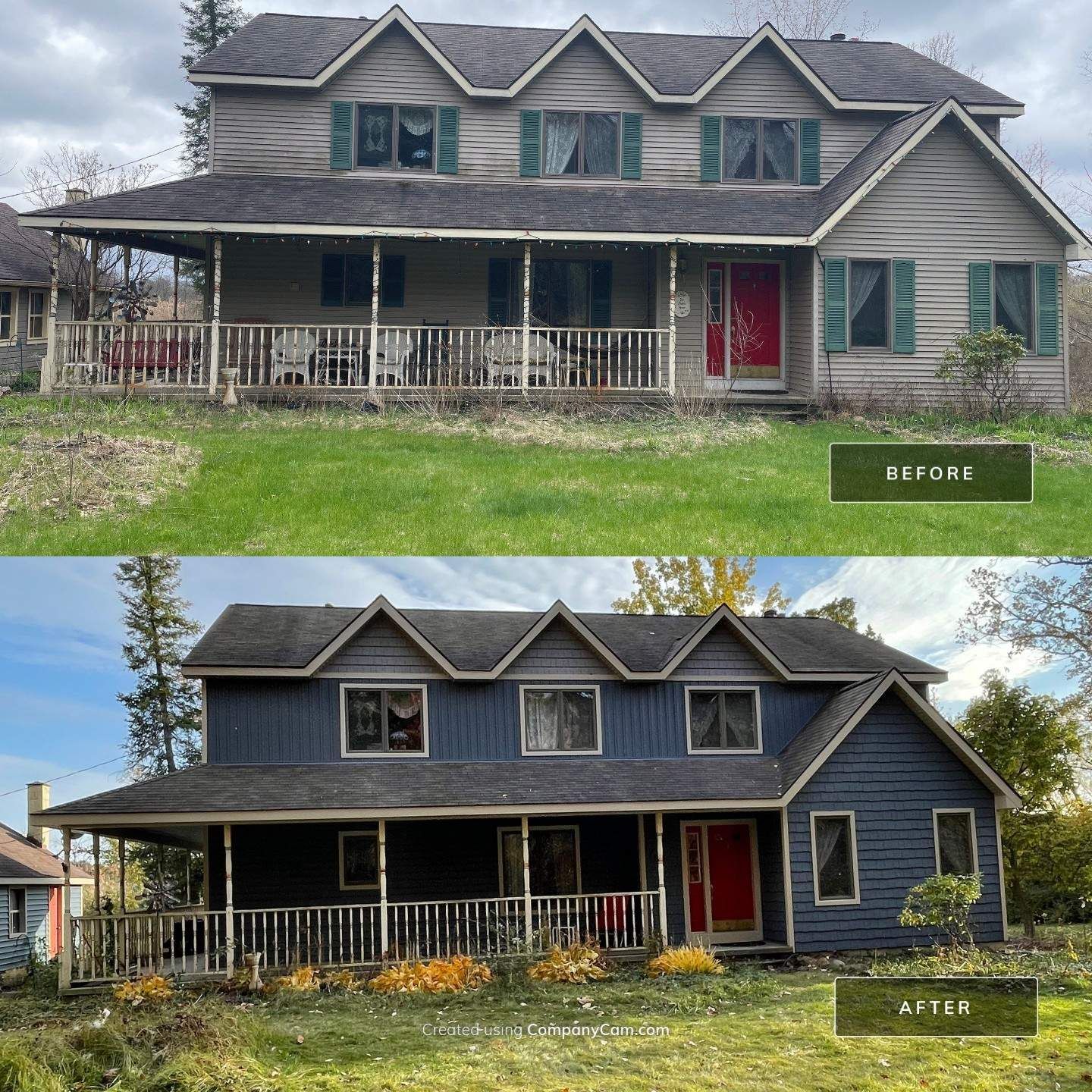 Before-and-after of a gray two-story house with a red front door and porch, showing exterior renovation.