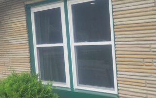 Two white-framed windows in a bamboo wall with green trim and a bush in the foreground