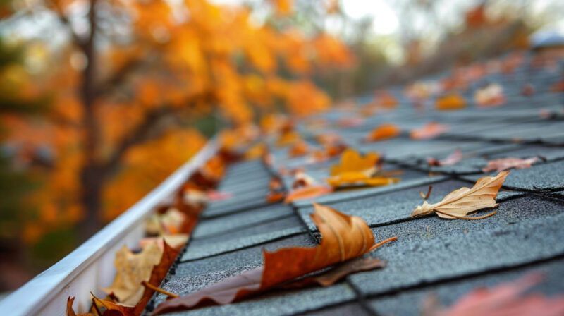 Close-up of autumn leaves scattered on a gray shingled roof with an orange gutter line.
