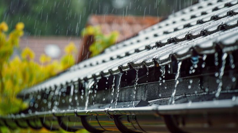 Rainwater dripping from the edge of a metal roof gutter with blurred yellow flowers in the background