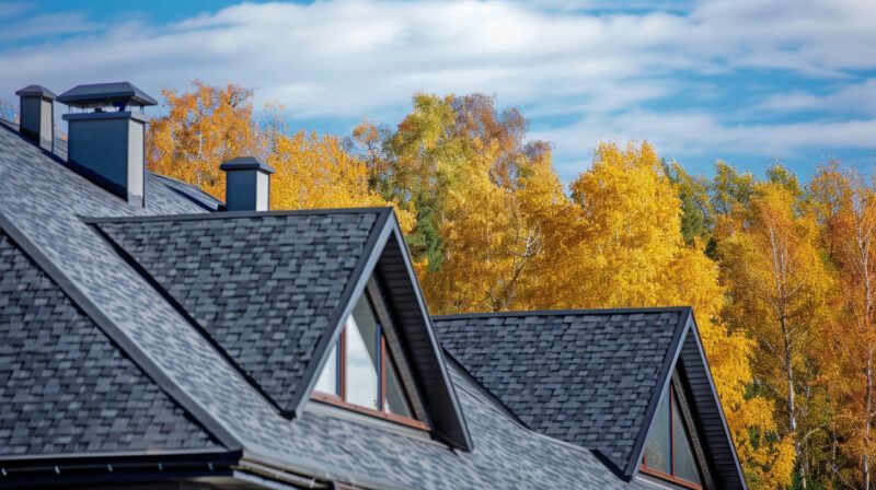Slate rooftops with chimneys in front of bright yellow autumn trees under a blue sky