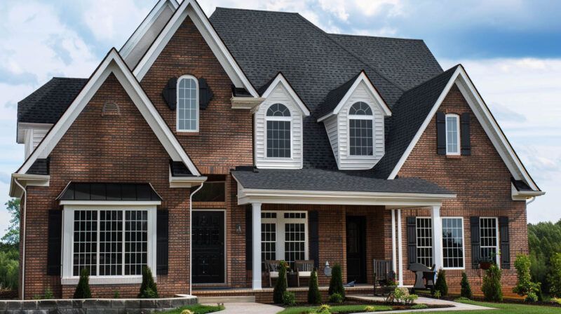 Large brick suburban house with dark roof, white trim, and a front porch.