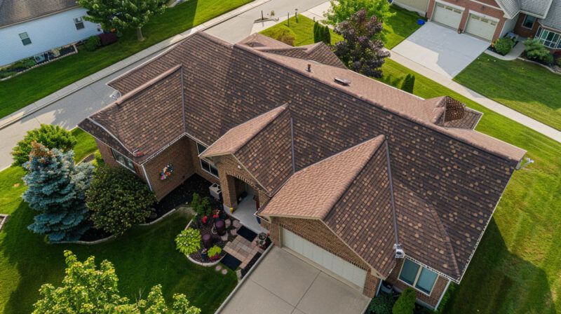 Aerial view of a suburban brick house with a brown shingle roof, driveway, and front lawn.
