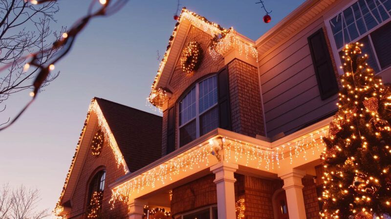 House trimmed with warm white holiday lights at dusk, with a lit Christmas tree on the porch.
