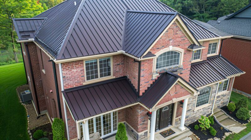 Aerial view of a large two-story brick house with a dark metal roof and front porch.