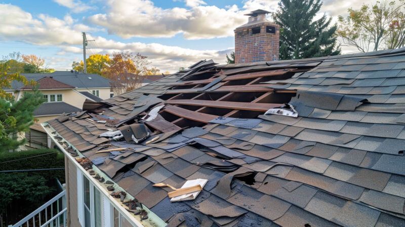 Severely damaged shingle roof with collapsed sections and exposed rafters near a brick chimney
