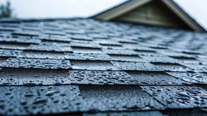 Close-up of wet dark gray roof shingles with raindrops and a roof peak in the background