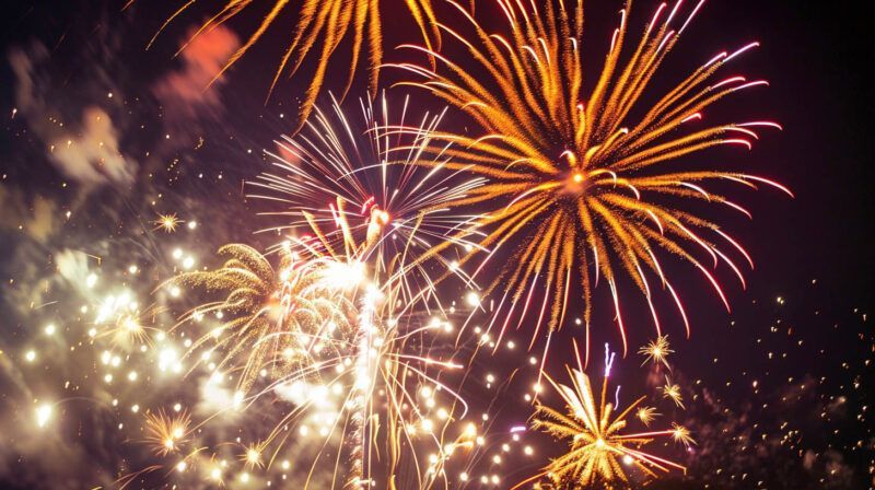 Colorful fireworks exploding in a night sky, with bright orange, white, and purple bursts