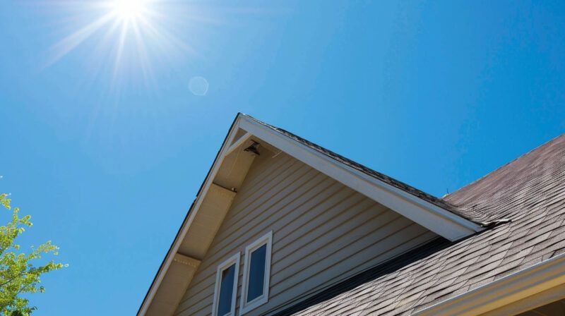 Sunlit blue sky above a house roof with gray siding and a white gable trim