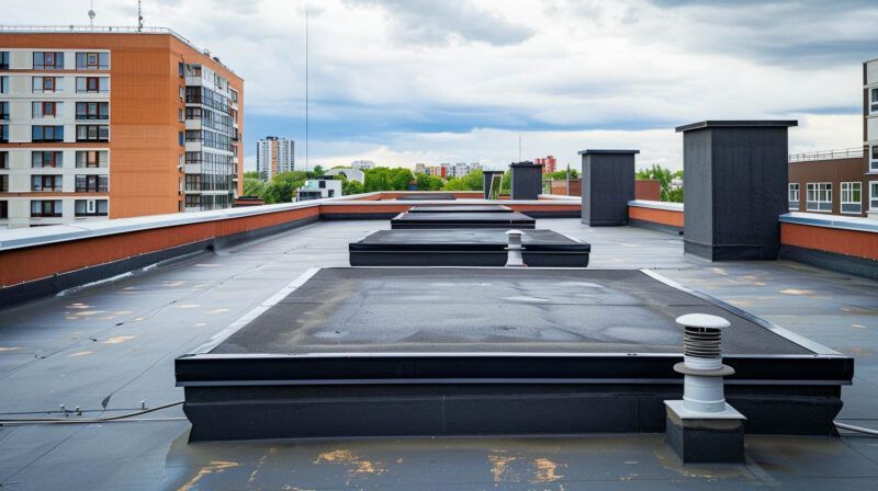 Rooftop with black HVAC units and vents, beside an orange brick apartment building under a cloudy sky