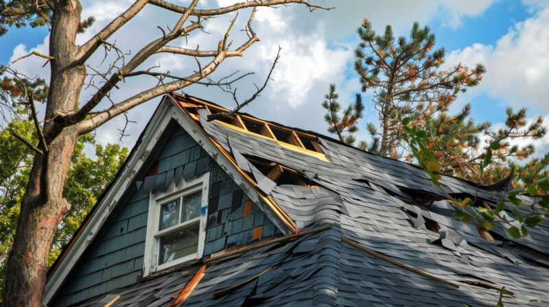 Damaged house roof with missing shingles and exposed wood beneath a tree under blue sky