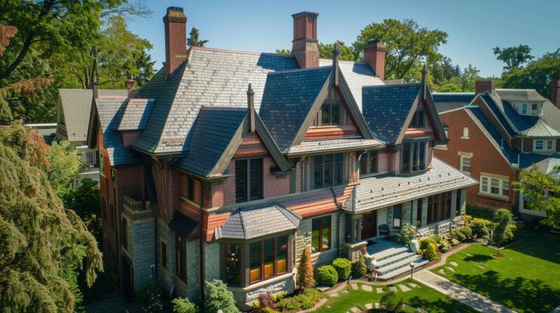 Large brick house with steep gray roofs, chimneys, and a manicured front garden in a leafy neighborhood