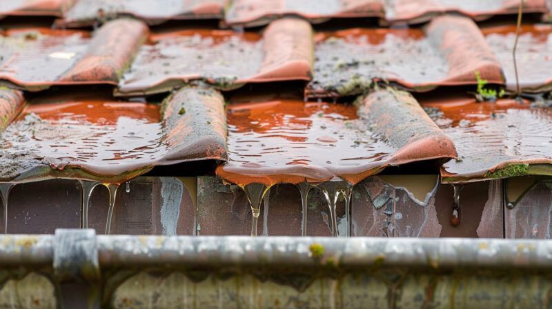 Rainwater dripping from red clay roof tiles into a gutter below