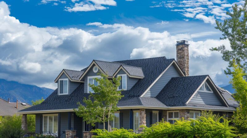 Modern house with gray roof and stone chimney under a bright blue sky with mountains in the background