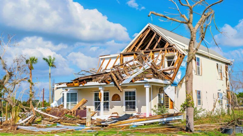 Storm-damaged house with collapsed roof, broken windows, and debris under a bright blue sky