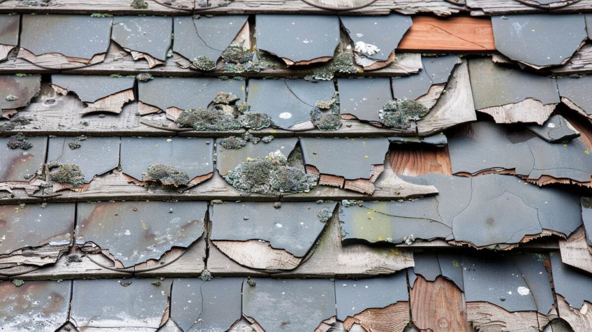 Damaged blue roof shingles with peeling and missing pieces, exposing wood underneath