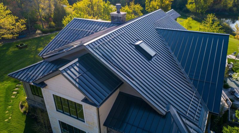 Aerial view of a house with a dark metal roof surrounded by trees and greenery