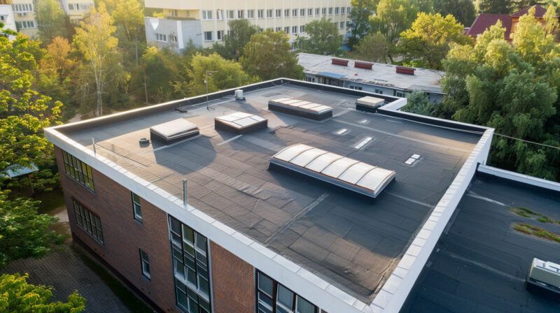 Aerial view of a flat-roofed brick building with skylights and vents, surrounded by trees and other buildings.