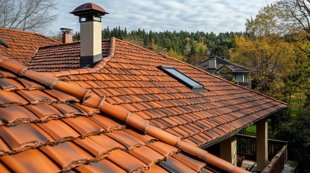 Red-tiled house roof with skylight and chimney beside a wooded hillside
