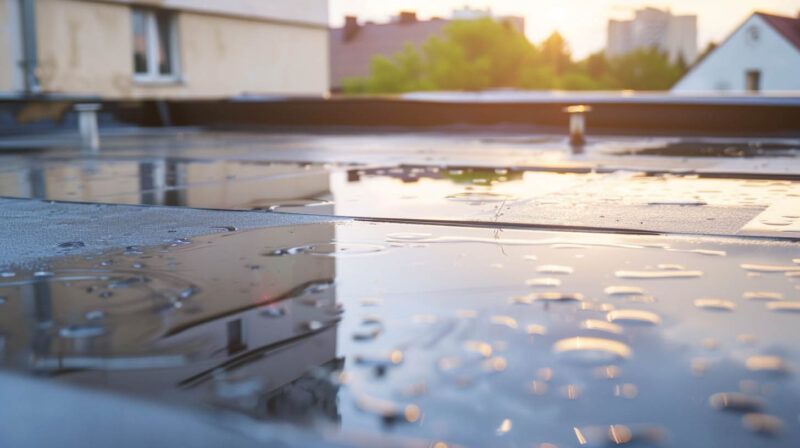 Rainwater puddles on a rooftop at sunset, reflecting the sky and nearby buildings.