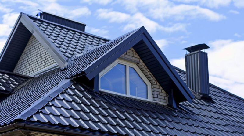 Dark blue tiled roof with dormer windows and a chimney under a cloudy sky
