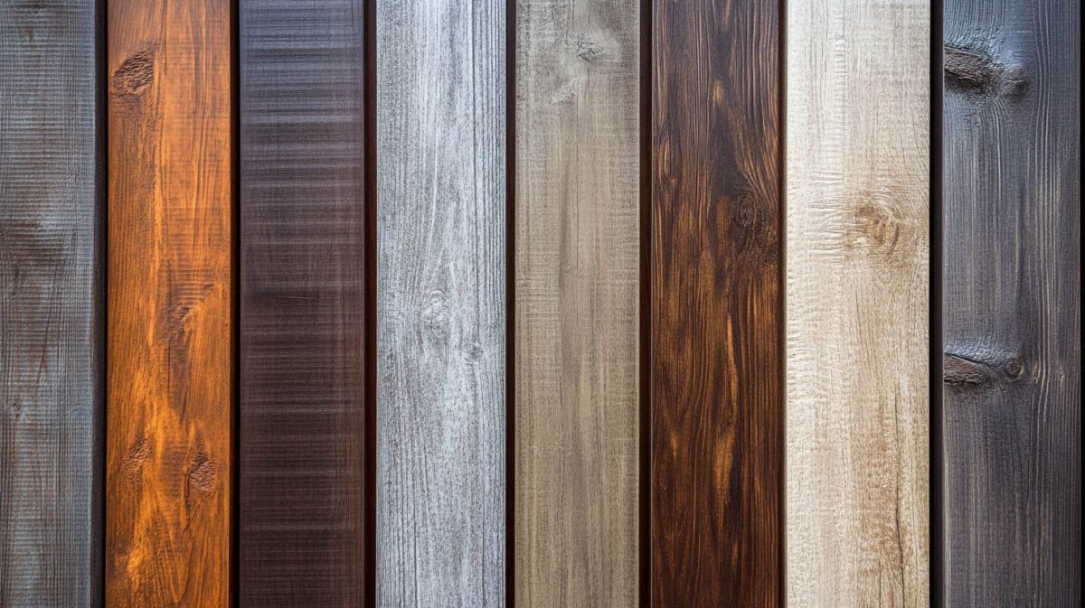 Vertical planks of assorted wood stains and grains in gray, brown, and cream tones