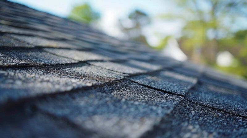 Close-up of dark gray roof shingles with sunlight and blurred trees in the background