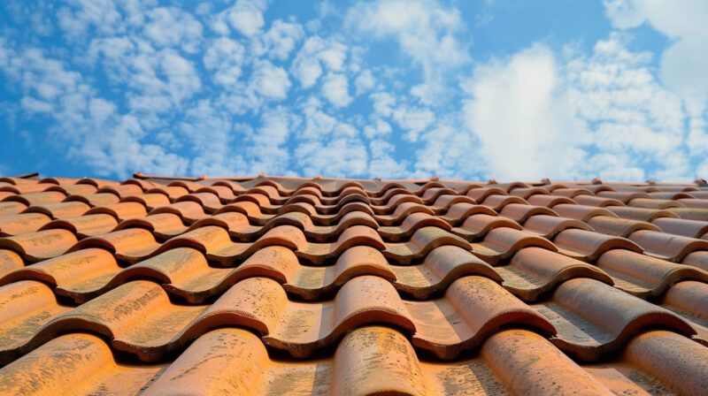 Orange clay roof tiles under a blue, partly cloudy sky