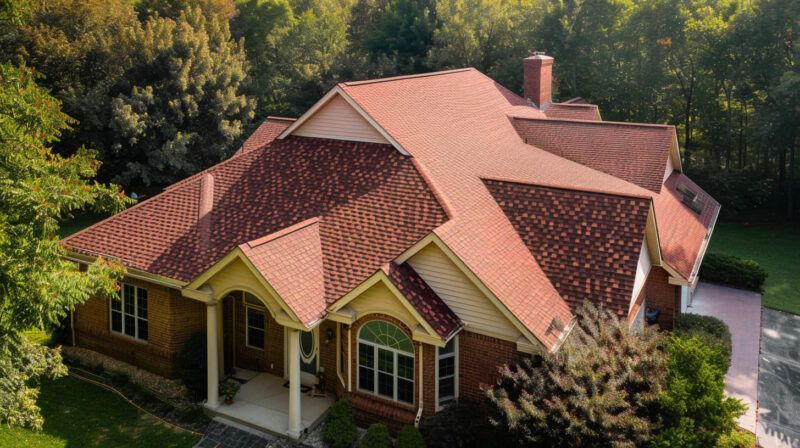 Aerial view of a red-roofed suburban house surrounded by trees and a driveway