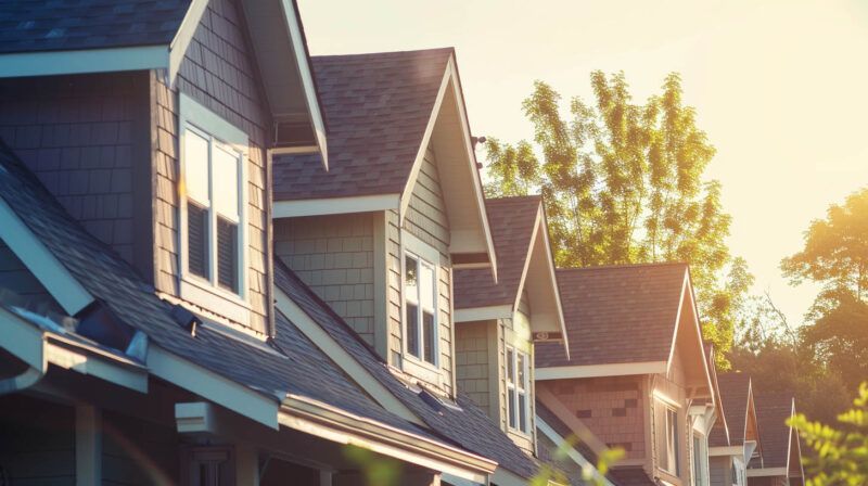 Sunlit row of gray suburban houses with dormer windows and trees at dusk
