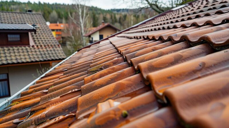Close-up of a terracotta tile roof with houses and trees in the background
