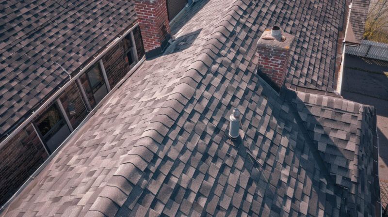 Aerial view of a tiled rooftop with dormer windows and a central ridge against a brick building.