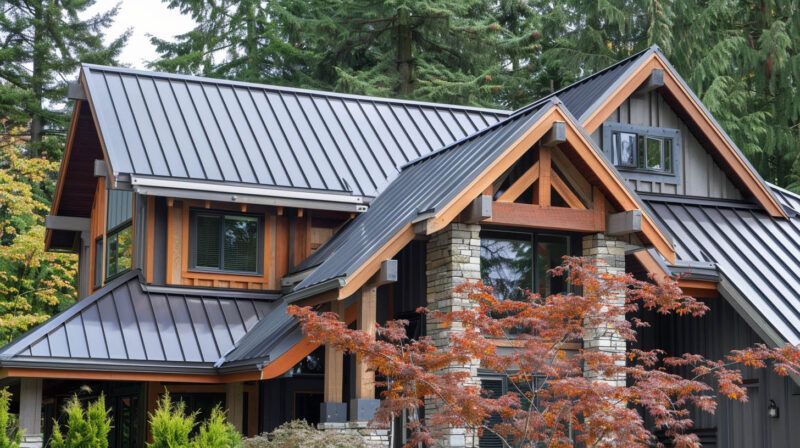 Rustic cabin with dark metal roof and wood trim among trees, with a red-orange tree in front