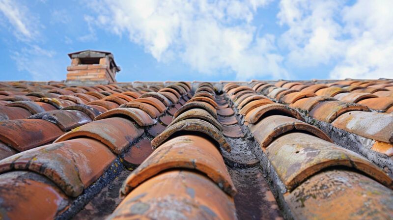 Low-angle view of terracotta roof tiles leading to a small chimney against a blue sky