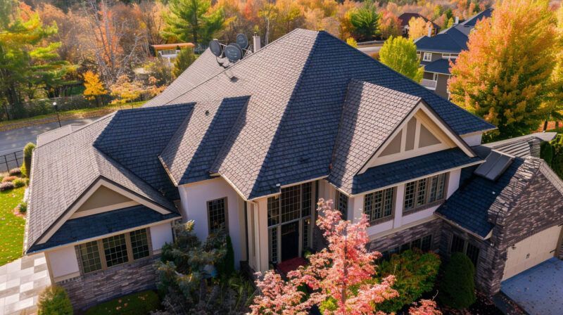 Aerial view of a large suburban house with a gray roof, surrounded by autumn trees and landscaped yard