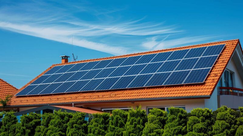 House with rooftop solar panels under a blue sky