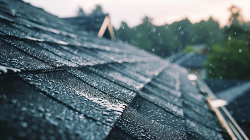Close-up of dark gray roof shingles covered in rainwater