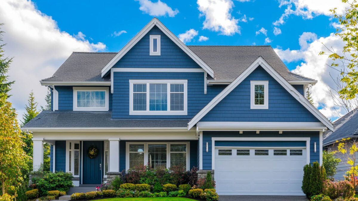 Blue two-story suburban house with white trim, front porch, and a two-car garage under a bright sky