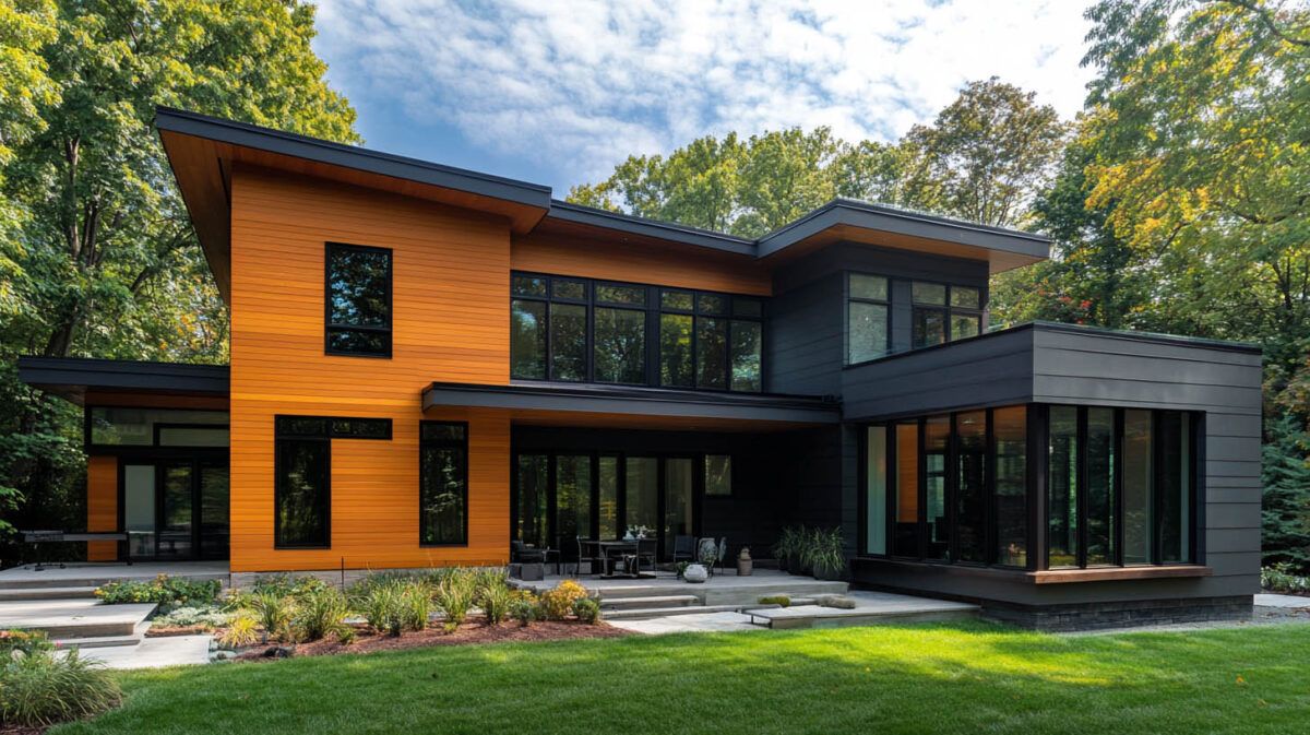 Modern two-story house with orange wood siding, dark gray accents, and large windows amid a green lawn