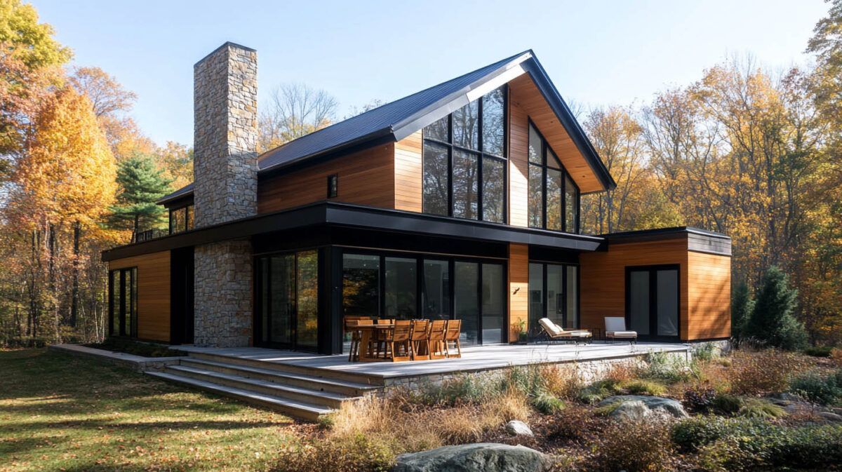 Modern black-and-wood house with large windows, stone chimney, and deck in a wooded autumn setting